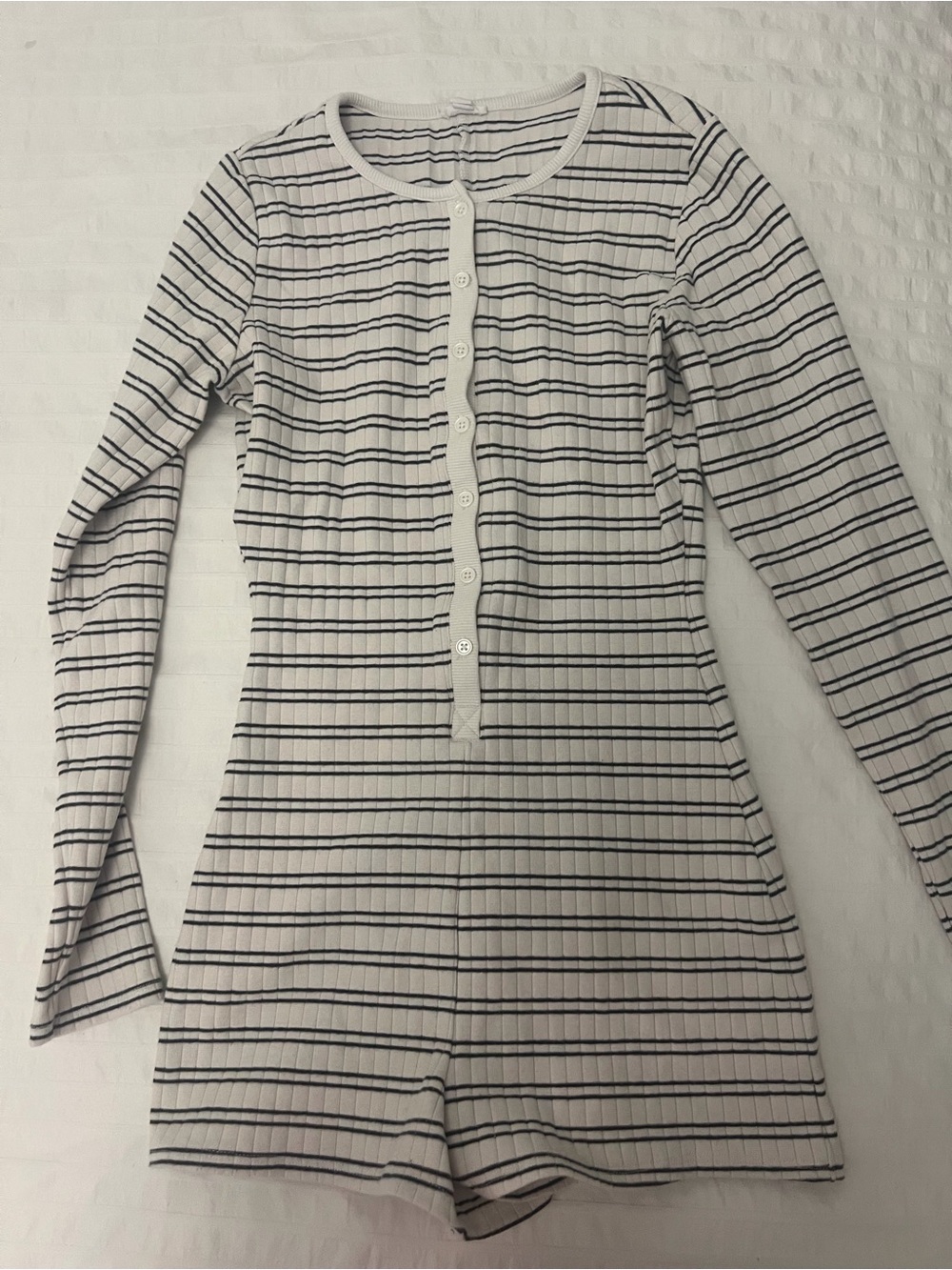 Garage White and Black Striped Ribbed Long Sleeve Romper